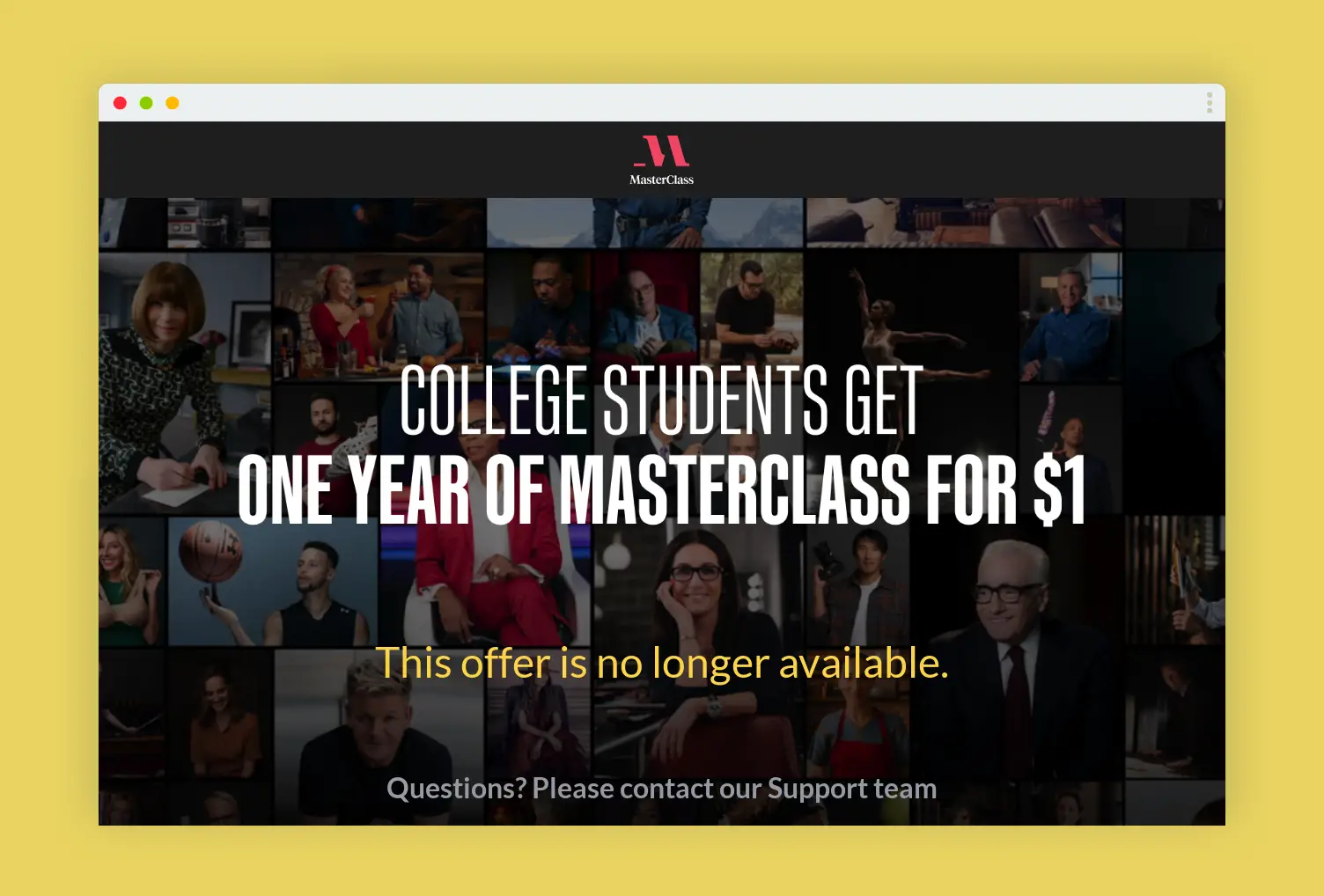 Masterclass student discount screen